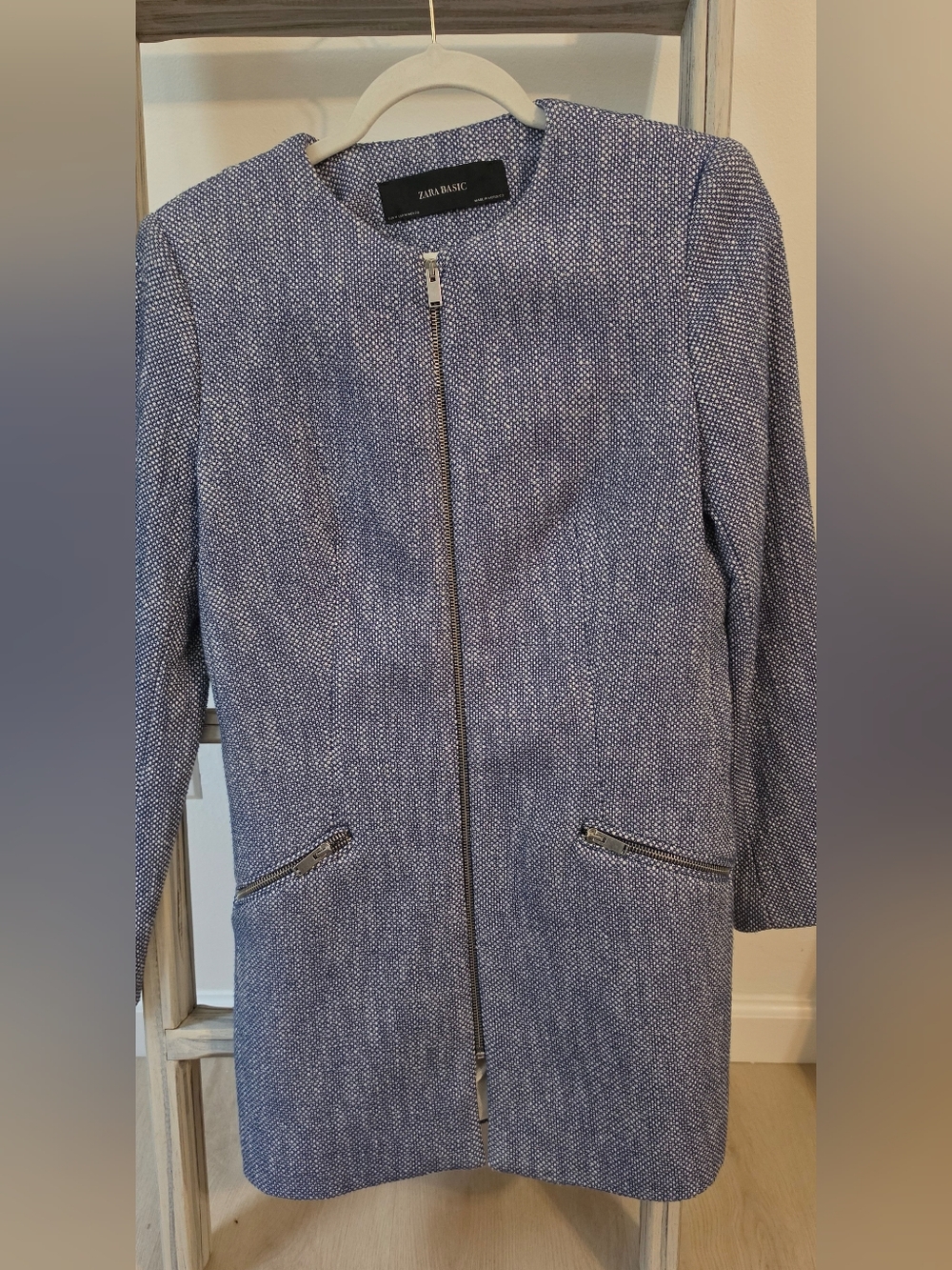 Zara Textured Zip Front Jacket in Blue & White Medium Like New